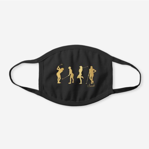 Personalized Gold Lady Golfer Silhouettes Black Cotton Face Mask