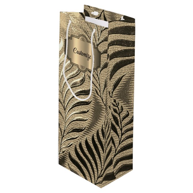 Personalized Gold Leaf Motif   Wine Gift Bag (Front Angled)