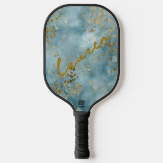 Personalized Gold Leaf on Teal Pickleball  Paddle