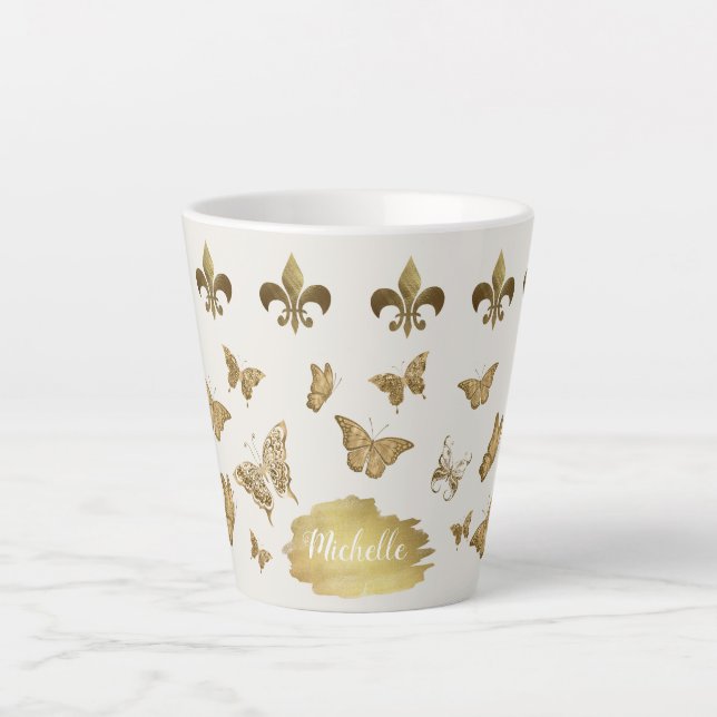 Personalized gold look Fleur de Lis Butterfly Mug (Front)