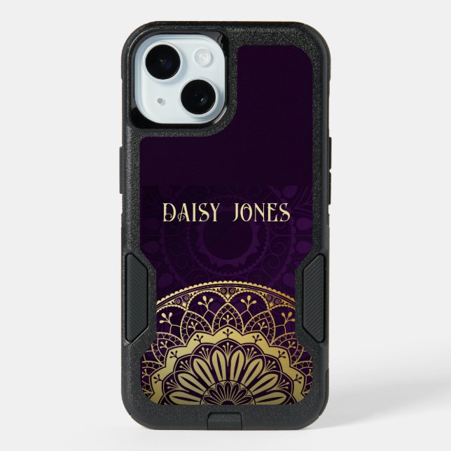 Personalized Gold Mandala Pattern iPhone 15 Case (Back)
