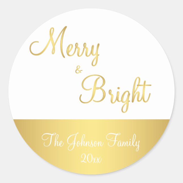 Personalized Gold Merry And Bright Round Stickers (Front)