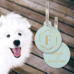 Personalized gold mint with phone number pet ID tag<br><div class="desc">Personalized dog tag with phone number. 2 sided design,  add you dog's monogram,  name and your phone number to this custom dog tag. Elegant black and mint design.
You can change the background color.</div>