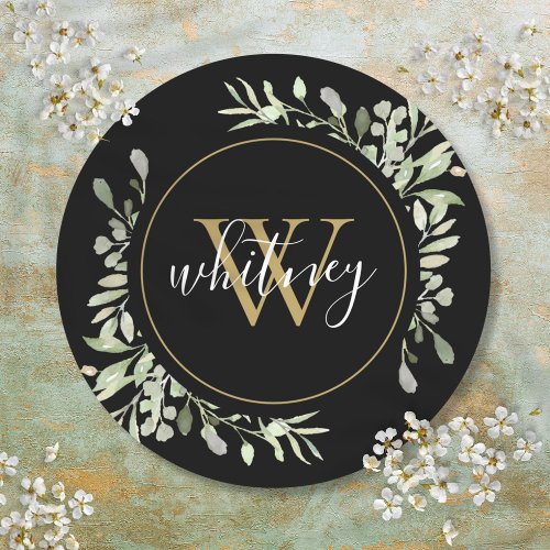 Personalized Gold Monogram Elegant Greenery Black Classic Round Sticker