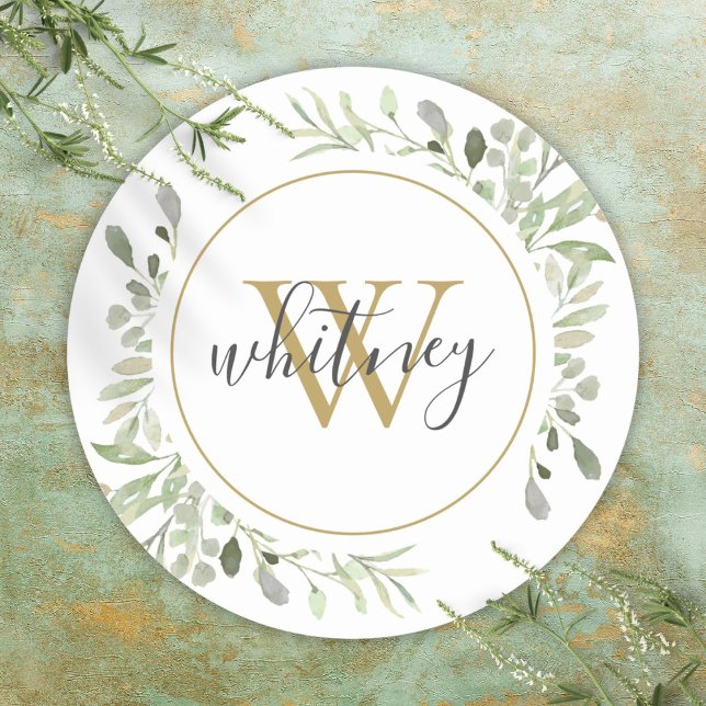 Personalized Gold Monogram Elegant Greenery Classic Round Sticker (Personalized Gold Monogram Elegant Greenery Classic Round Sticker)