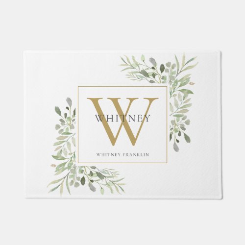 Personalized Gold Monogram Floral Greenery Doormat