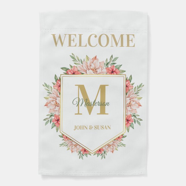 Personalized Gold Monogram Floral Welcome Garden Flag (Front)