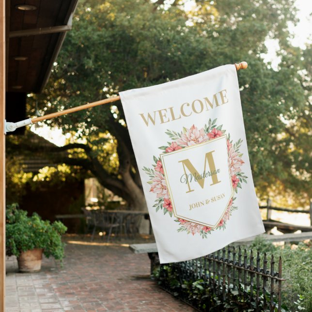 Personalized Gold Monogram Floral Welcome House Flag (In SItu)