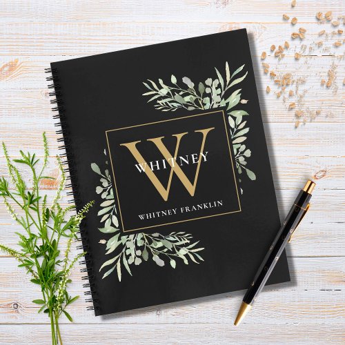 Personalized Gold Monogram Greenery Black Notebook