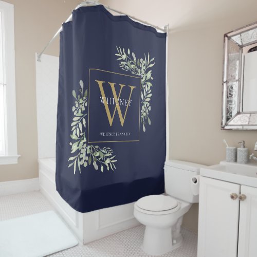 Personalized Gold Monogram Greenery Navy Blue Shower Curtain