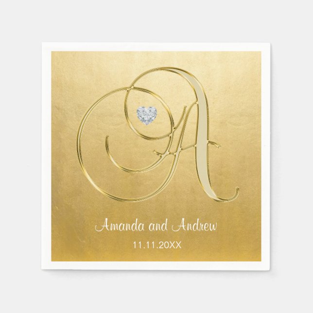 Personalized Gold Monogram Initials Diamond Heart Paper Napkins (Front)