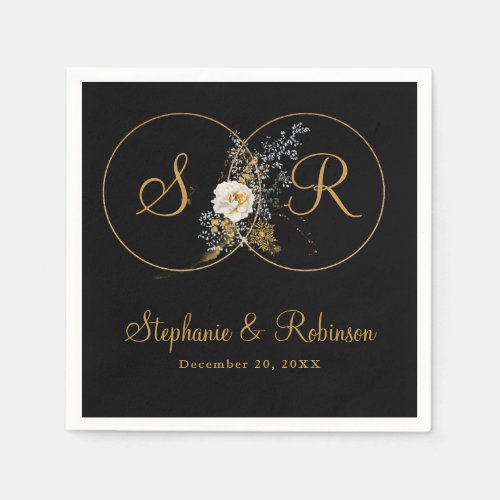 Personalized Gold Monogram On Black Wedding Paper Napkins