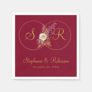 Personalized Gold Monogram On Burgundy Wedding Napkins