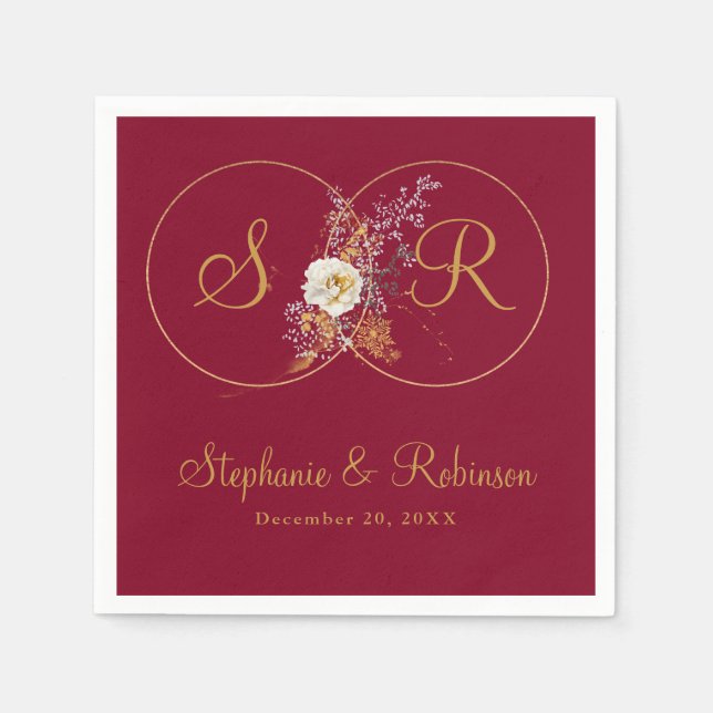 Personalized Gold Monogram On Burgundy Wedding  Napkins (Front)