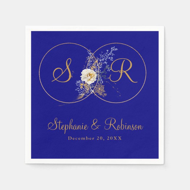 Personalized Gold Monogram On Navy Blue Wedding  Napkins (Front)