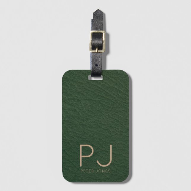 Personalized Gold Monogram Simple Green Leather Luggage Tag (Front Vertical)