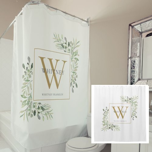 Personalized Gold Monogram Watercolor Greenery Shower Curtain