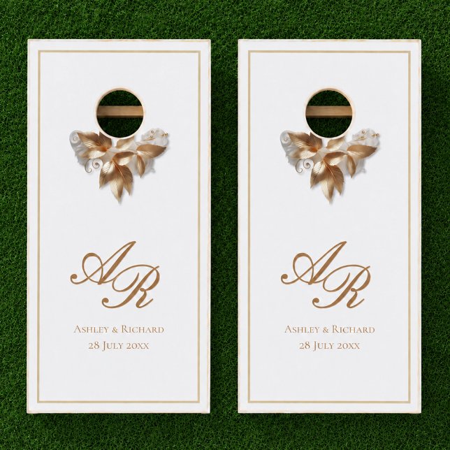 Personalized Gold Monogram Wedding Cornhole Set (elegant luxurious white gold wedding cornhole set with custom couple name monogram and wedding date)