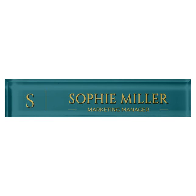 Personalized Gold Name Deep Teal Background Desk Name Plate (Front)