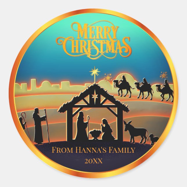 Personalized Gold Nativity "Merry Christmas" Classic Round Sticker (Front)