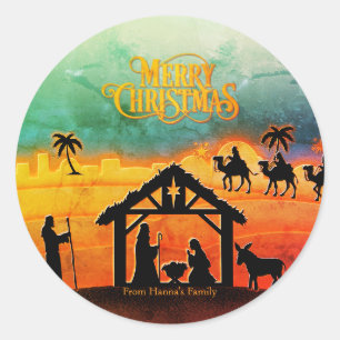 Personalized Gold Nativity "Merry Christmas" Classic Round Sticker