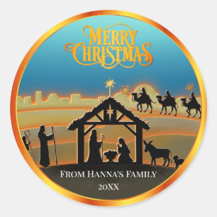 Personalized Gold Nativity "Merry Christmas" Classic Round Sticker