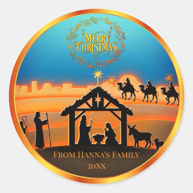Personalized Gold Nativity "Merry Christmas" Classic Round Sticker (Front)
