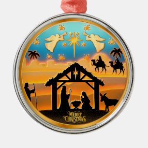 Personalized Gold Nativity "Merry Christmas" Metal Ornament