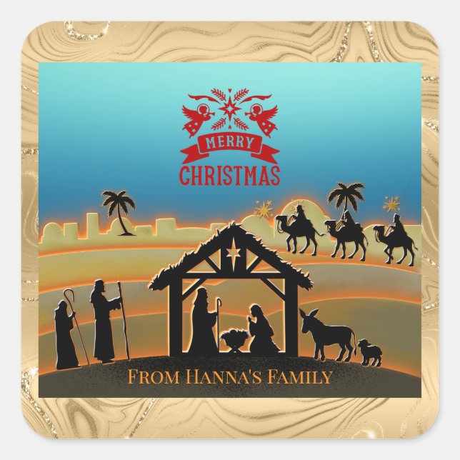 Personalized Gold Nativity "Merry Christmas" Square Sticker (Front)