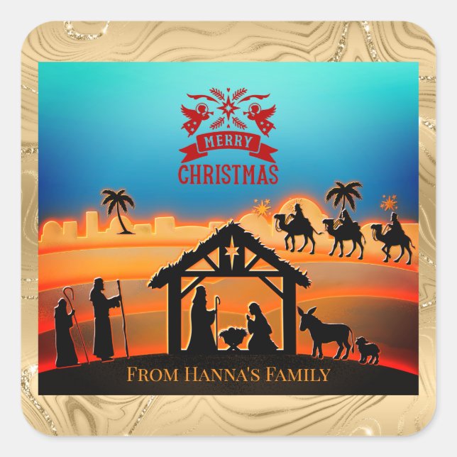 Personalized Gold Nativity "Merry Christmas" Square Sticker (Front)