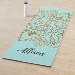 Personalized Gold Nature Mandala Turquoise Blue Yoga Mat