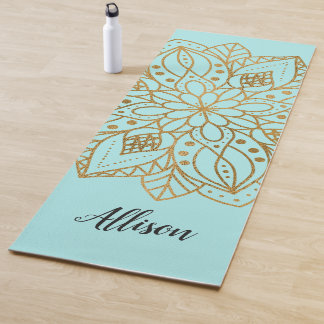 Personalized Gold Nature Mandala Turquoise Blue Yoga Mat