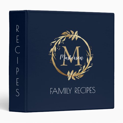 Personalized Gold Navy Blue Monogram Family Recipe 3 Ring Binder