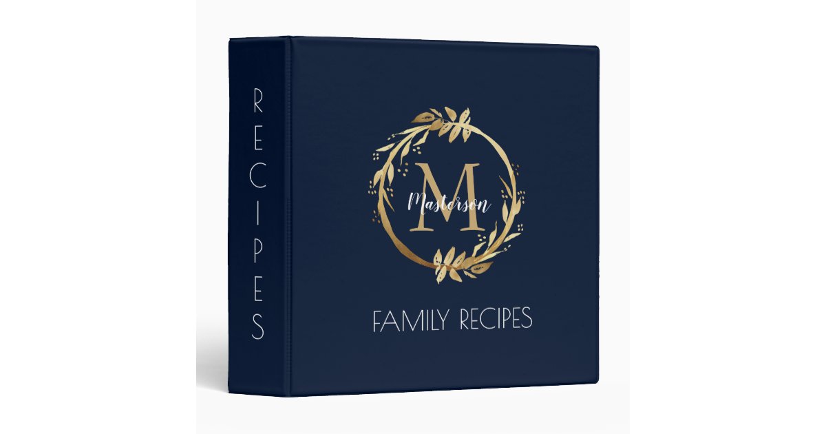Personalized Gold Navy Blue Monogram Family Recipe 3 Ring Binder | Zazzle