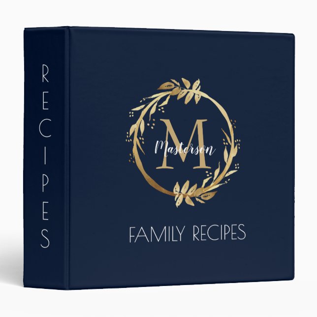 Personalized Gold Navy Blue Monogram Family Recipe 3 Ring Binder (Front/Spine)