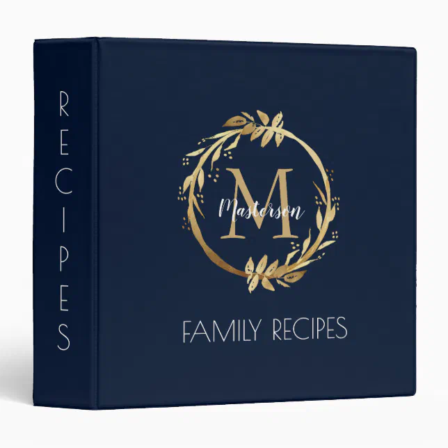 Personalized Gold Navy Blue Monogram Family Recipe 3 Ring Binder | Zazzle