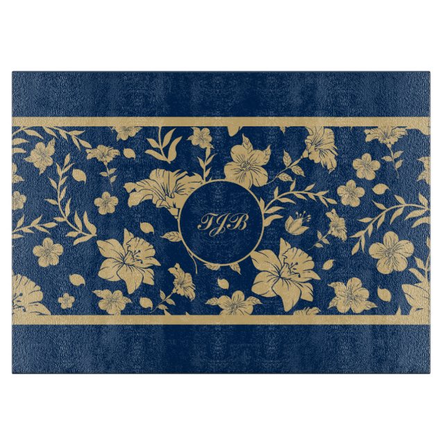 Personalized Gold Navy Floral Cutting Board (Front)