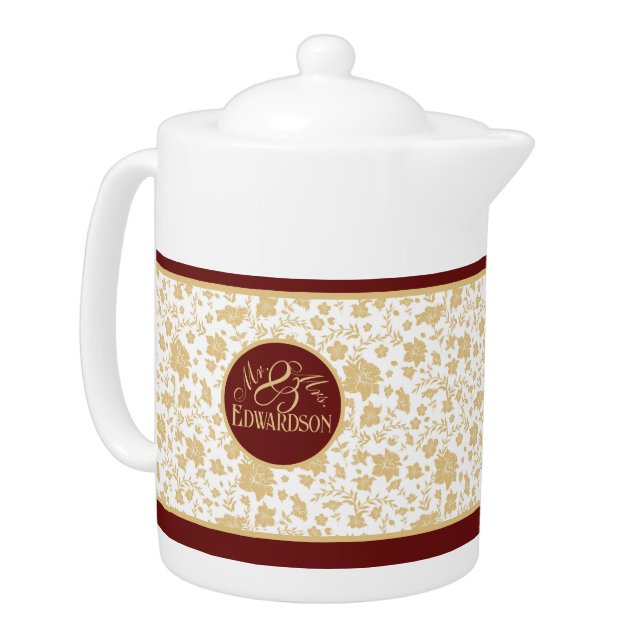Personalized Gold Navy Floral Teapot (Left)