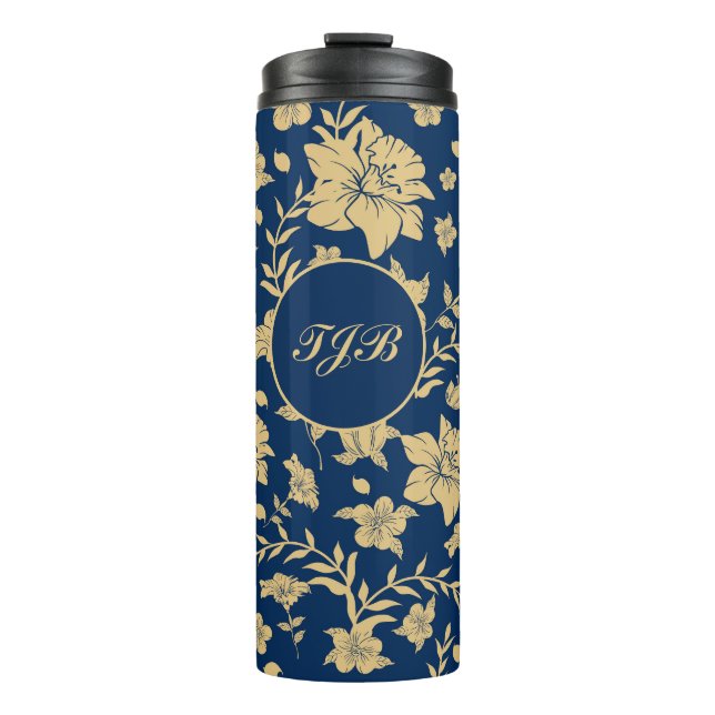 Personalized Gold Navy Floral Tumbler (Front)