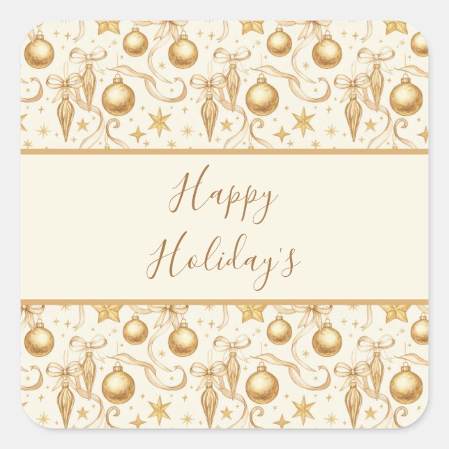 Personalized Gold Ornaments Bows Christmas Holiday Square Sticker (Front)