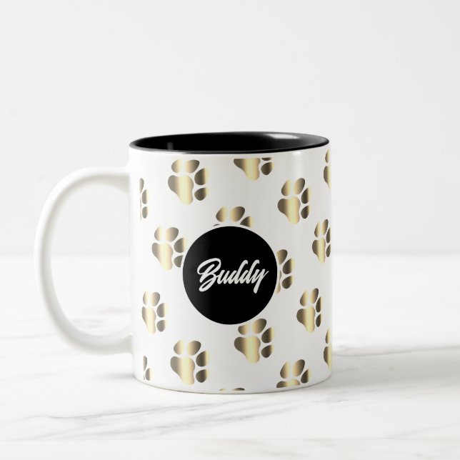 Personalized gold paws pattern pet lovers Two-Tone coffee mug (Left)