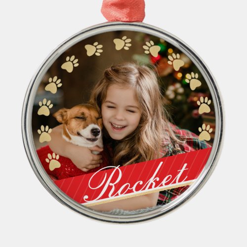 Personalized Gold Pet Paw Print  Red Ribbon Photo Metal Ornament