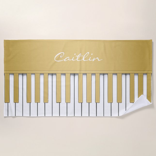 Personalized Gold Piano Keyboard Music Beach Towel (Front)