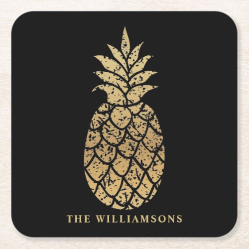 Personalized Gold Pineapple on Black Square Paper Coaster