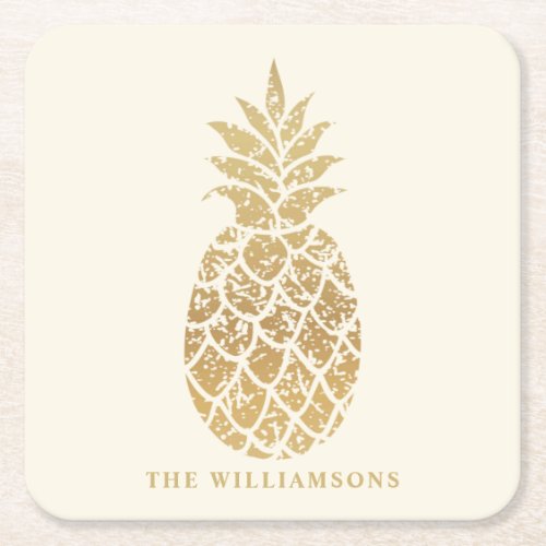 Personalized Gold Pineapple on Ivory  Square Paper Coaster