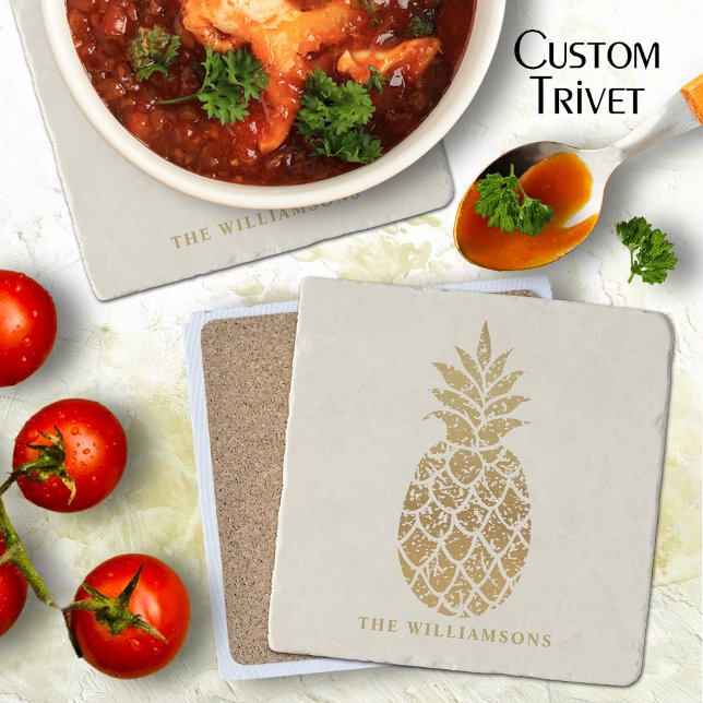 Personalized Gold Pineapple on Ivory Trivet (Personalized Gold Pineapple on Ivory Trivet 6" x 6")