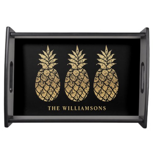 Personalized Gold Pineapples on Black Serving Tray