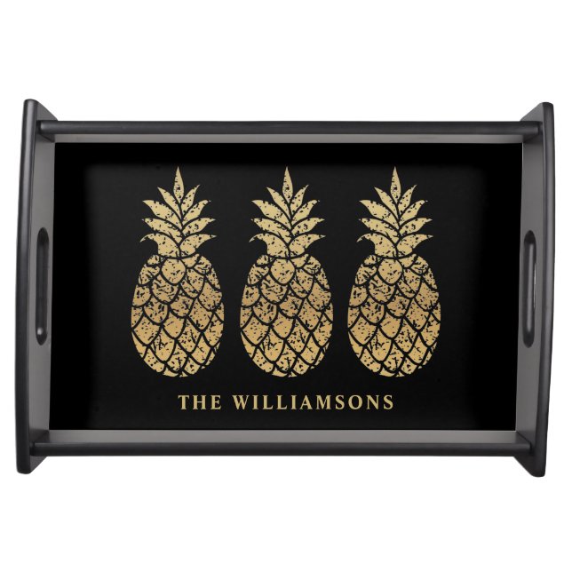 Personalized Gold Pineapples on Black Serving Tray (Front)