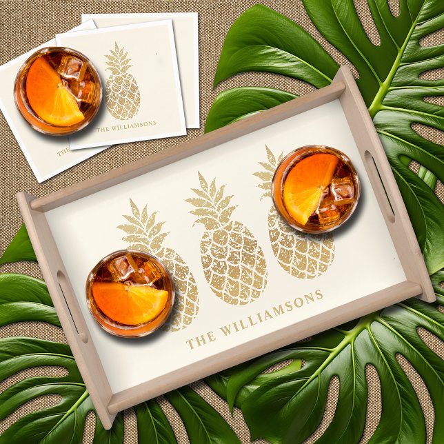 Personalized Gold Pineapples on Ivory Serving Tray (Gold pineapples on ivory serving tray is personalized with your family name.)