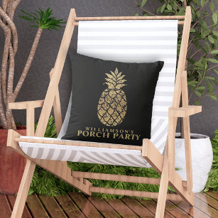 Personalized Gold Pineapples Porch Party Black Outdoor Pillow